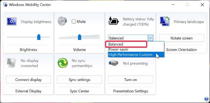 Set power mode through Windows Mobility Center
